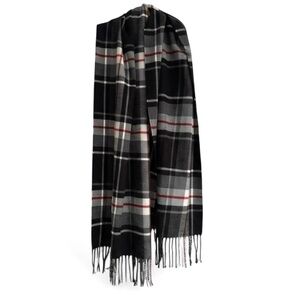 Lands’ End Plaid Fringe Scarf Black Gray Red Soft Brushed Winter Wrap Holiday OS